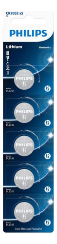 05 Baterias Pilha CR2032 3V Philips CR2032P5B/59 Moeda 1 Cartela